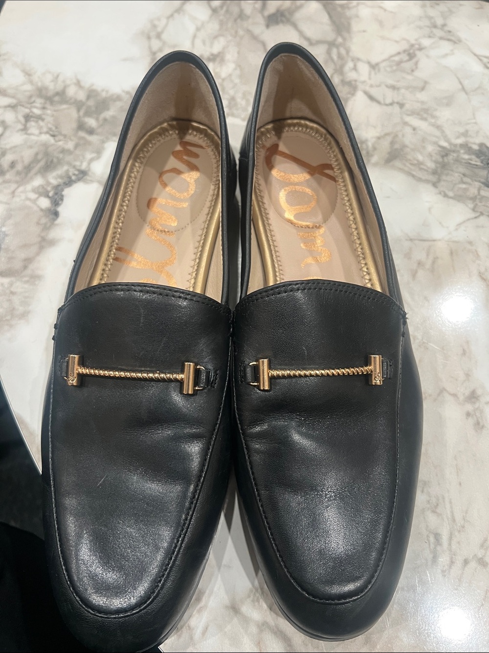 Sam Edelman Style Black Leather Loafers with Gold Hardware